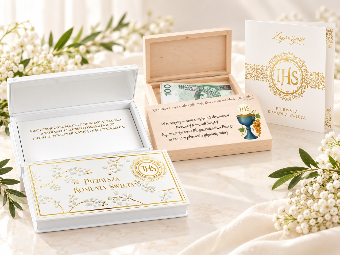 Zaproszenia i kartki komunijne – eleganckie wzory, złocenia, motywy sakralne – e-swiece.pl